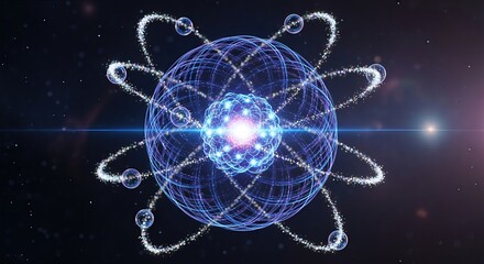 Atomic particle harmony: orbiting electron, charged proton, silent neutron, nucleus center, spinning field, quantum balance, molecular core, invisible force, physical law, structured mass,