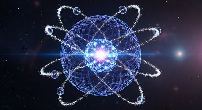 Atomic particle harmony: orbiting electron, charged proton, silent neutron, nucleus center, spinning field, quantum balance, molecular core, invisible force, physical law, structured mass,
