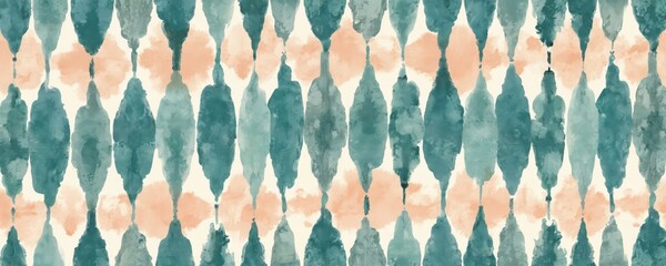 Seamless watercolor ikat pattern. Abstract design in teal and peach colors on a cream background. Textile repeat for fabric wallpaper art. Elegant ethnic style.