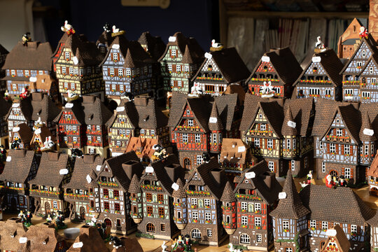 Toy models of colorful half timbered houses, Christmas market, Strasbourg France