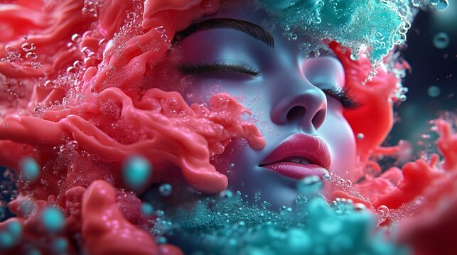 A serene woman  face embraced by swirling coral-pink and turquoise waves. Bubbles drift around her, blending beauty with surreal oceanic mystery.