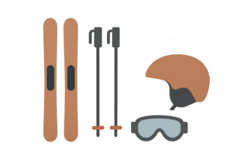 Skiing equipment including skis, poles, helmet, and goggles, flat design preparing for winter sports