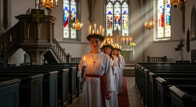 Young maidens celebrating Saint Lucia Day in a sacred church, walking reverently with lit candles and evergreen wreaths, honoring the Christian patron.