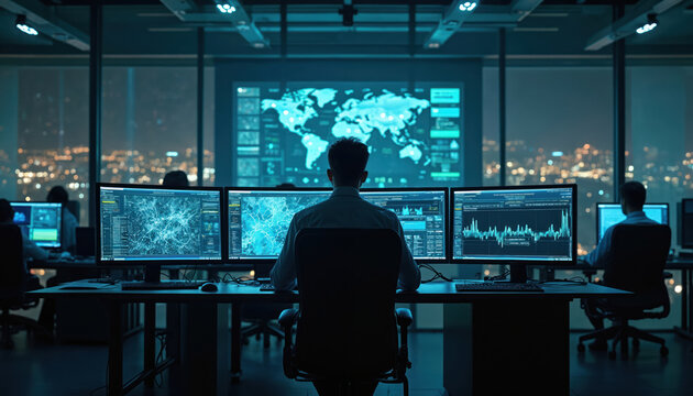 Man in dark room watches multiple screens displaying global map, data charts. Works in network operations center overseeing complex systems. Technicians monitor traffic, troubleshoot issues in real