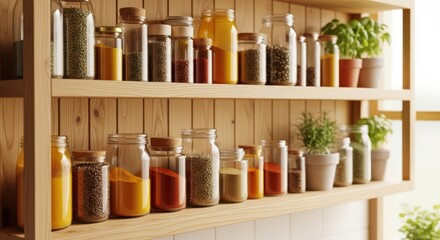 Assorted spices and fresh herbs on wooden kitchen shelves