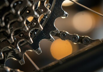 Detailed view of a bike's wet metal gears and chain links