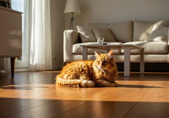 A Cozy Orange Cat Bathed in Sunlight on a Warm Wooden Floor