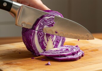 Vibrant Purple Cabbage Being Sliced on a Cutting Board