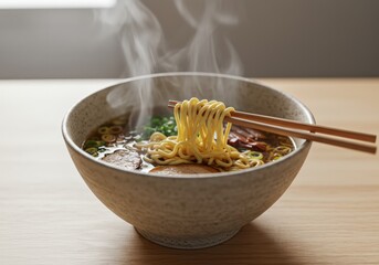 Steaming bowl of authentic ramen with rich broth, tender pork, and fresh scallions