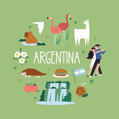 Argentina Vector Illustration. Cute Cultural, Animal & Landmark Icons