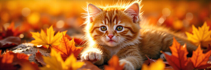 Adorable ginger kitten with curious eyes lying among colorful autumn leaves in warm golden light, representing playful cuteness and cozy seasonal charm