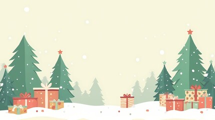 Christmas Winter Landscape Background with Pine Trees and Gifts