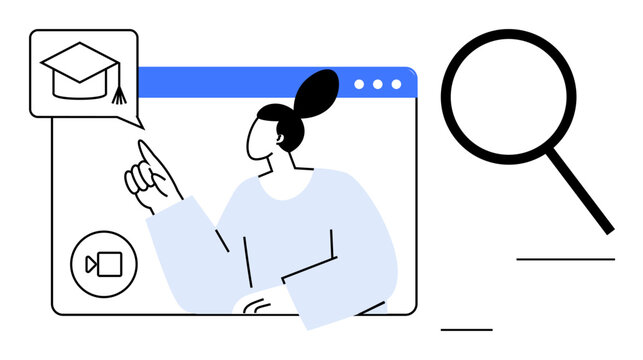 Woman pointing to a graduation cap chat icon in an online interface with videoconferencing symbol and magnifying glass. Ideal for education, e-learning, research, study, knowledge sharing