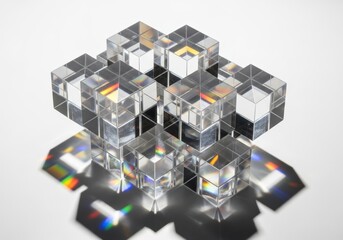 Interlocking crystal cubes reflecting vibrant light and casting colorful prismatic shadows