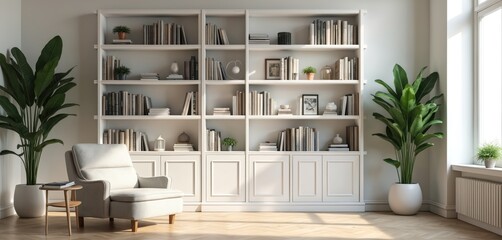 Stylish home library interior with comfortable armchair and large bookshelves. White bookcase filled with books is a design feature. Plants add a cozy feel to reading space.