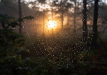 Golden hour glow on a delicate spiderweb adorned with dew