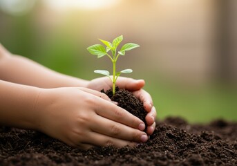 Hands Gently Nurturing a Young Green Plant in Rich Soil