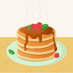 Delicious pancakes stack, with strawberries, syrup, mint leaves, powdered sugar, on a plate, syrup, berries, breakfast