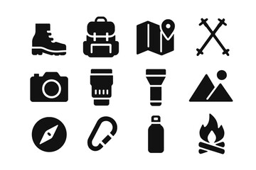 Hiking and camping icons: boots, backpack, map, camera, and more for adventure