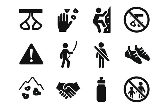 Rock climbing icons: safety, equipment, and techniques in black glyph design