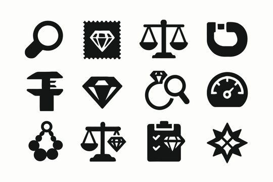 Set of black jewelry and finance icons featuring diamond motifs
