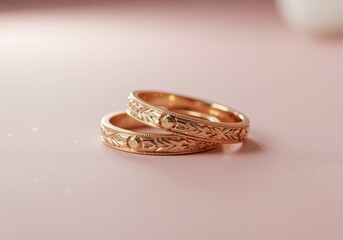 Two elegant gold rings with intricate floral engraving on a blush background