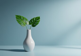 Fresh Green Monstera in Sleek White Vase Against Blue Wall