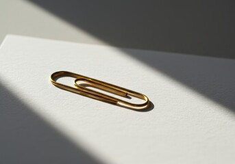 Golden Paperclip on Textured White Surface with Dramatic Shadows