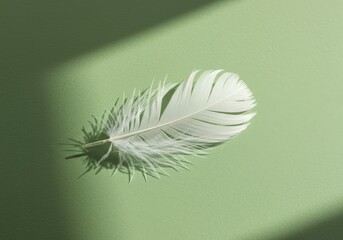 Delicate White Feather on Sage Green with Sunlight Shadows