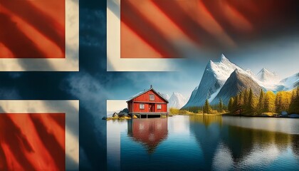 A red lakeside cabin reflects in calm water, framed by Norway flag and snowy mountains. The scene conveys coziness, national pride, and scenic serenity.