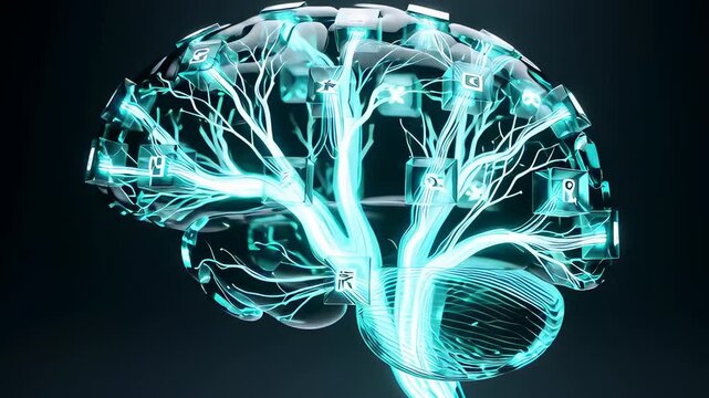 Mental model construction visualized as a glowing neural network connects information, symbolizing the brain's process of learning, knowledge, and thought.