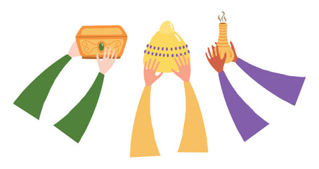 Three kings hands with gifts of frankincense, myrrh, gold isolated on transparent background. Hand drawn flat vector illustration. Epiphany, Three Kings Day, Christmas design element, holiday clip art