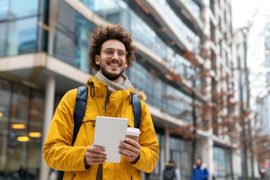 Young adult man smiling while holding a tablet and coffee in the city