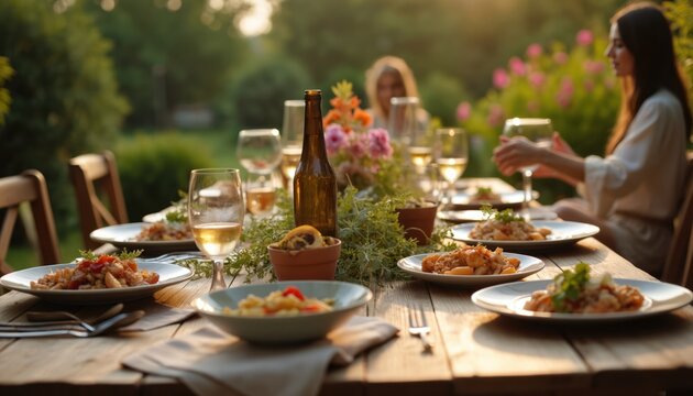Outdoor dinner party with wine served on wooden table in summer backyard. Celebration in Napa valley farm among friends, relatives and diverse people together at sunset. Food served on plates.