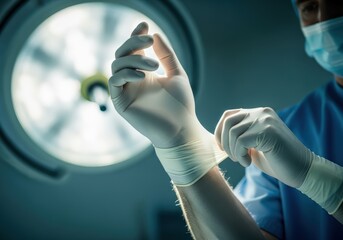 Focused Doctor Preparing for Surgery, Putting on Sterile Gloves