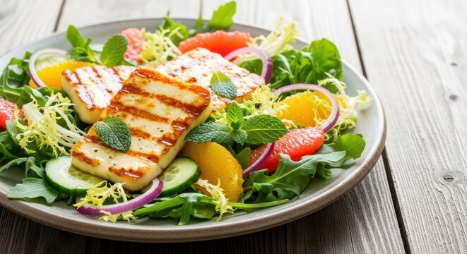 Grilled halloumi salad with citrus and fresh greens on rustic wooden table