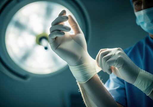 Focused Doctor Preparing for Surgery, Putting on Sterile Gloves