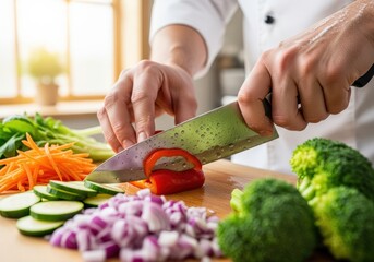 Professional Chef Slicing Red Pepper on a Cutting Board Amidst Fresh Vegetables