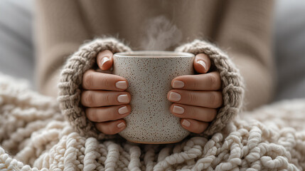 Cozy Hands Holding Warm Mug in Knitted Blanket