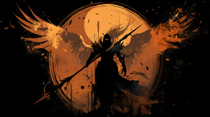 Winged Warrior Silhouette Against Orange Moon