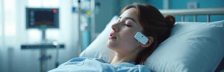Young woman patient rests in hospital bed. Wears smart wearable medical device near ear. Advanced tech monitors brain activity for seizure detection. Proactive health care solution provides epilepsy
