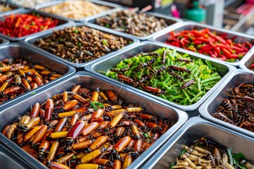 Fototapeta premium Colorful display of edible insects at a market