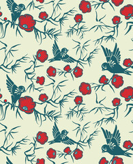 Human-made vector floral seamless ornamental wallpaper in Eastern Asian style with birds. Non-AI, great for cards, fabric, textile, packaging, paper, background, decor. Traditional Japanese motifs.