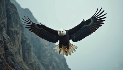 Bald eagle bird flies over rocky mountain terrain with wings spread wide. This majestic raptor has white head and tail feathers, yellow eyes, and sharp talons. Bird of prey soars in hazy sky.