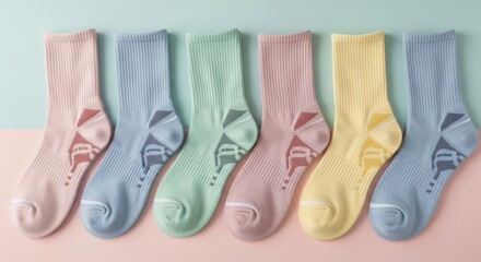 Colorful pastel socks in various shades arranged neatly in a row