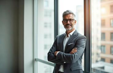 Fototapeta premium Mature businessman in glasses smiles. Successful entrepreneur stands by window with crossed arms. Confident pro in formal suit at office. Middle aged male businessperson is looking at camera.