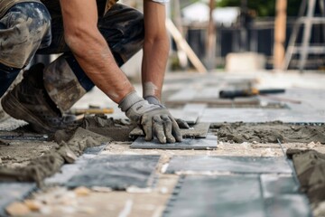 Adult man working diligently on tile installation outdoors