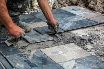 Adult man laying tiles on a construction site with focus and determination