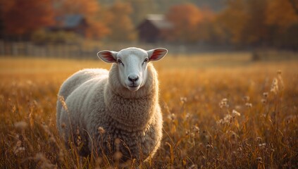 Naklejka premium Sheep Standing in a Golden Autumn Pasture With Colorful Fall Trees and Warm Sunlight