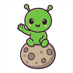 Cute Green Alien Waving from a Moon Flat Vector Logo Illustration - EPS File Ready for Use